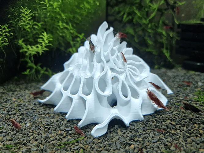 A 3D-printed fish tank accessory, this gyroid shrimp hideout is designed for optimal shelter and water flow. Using 3D printing for aquariums, you can design and print custom aquarium accessories that improve your shrimp and fish habitat.
