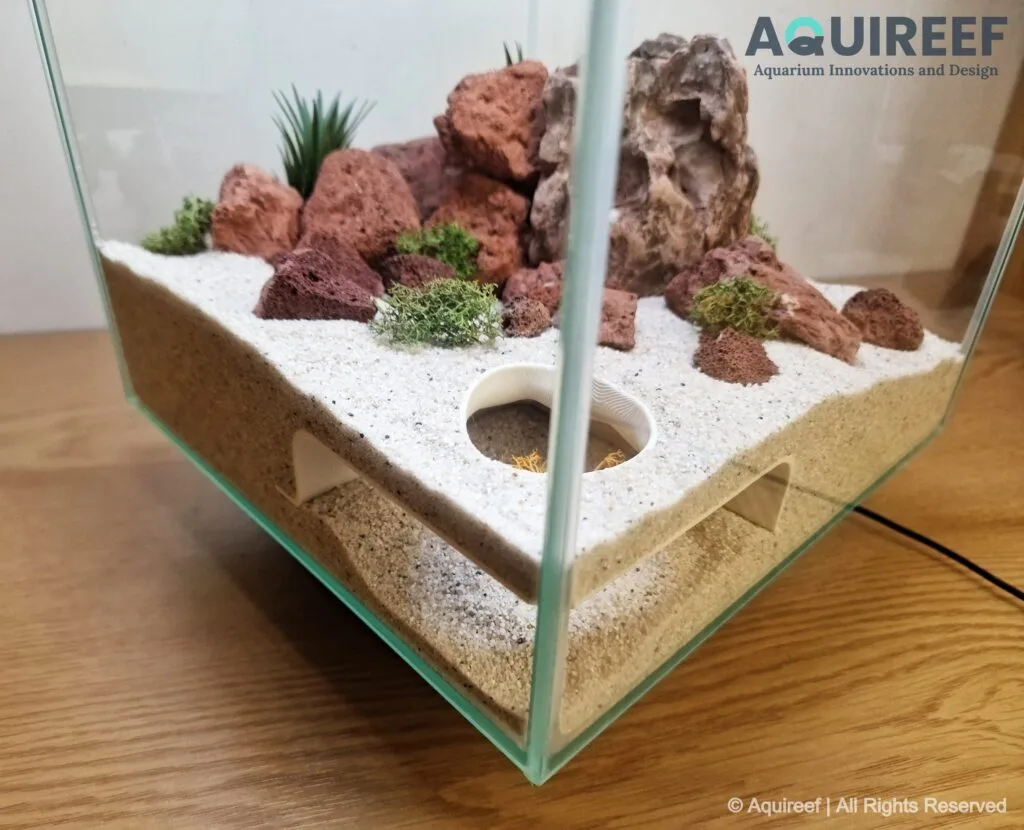 Top to bottom view on the volcanic corner cave designed for cichlids and similar fish species by Aquireef.